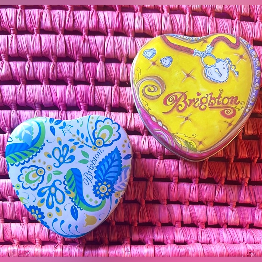 2 Empty Brighton Heart Tins, Pink Yellow and Blue Paisley Jewelry Trinket Box
